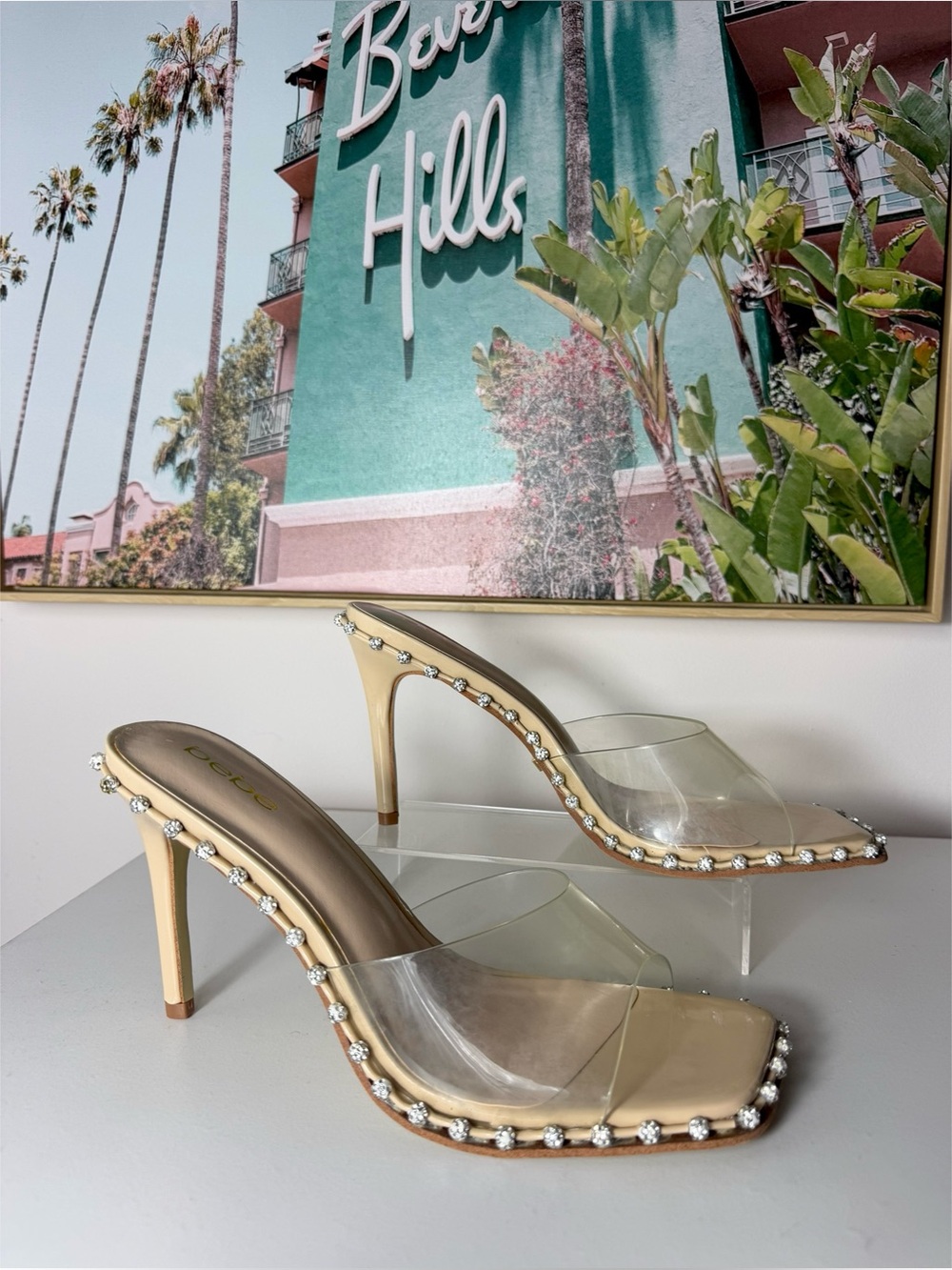 Bebe Remma Nude Clear PVC Strap Mules Rhinestone Square Toe Heels 4" Size 11